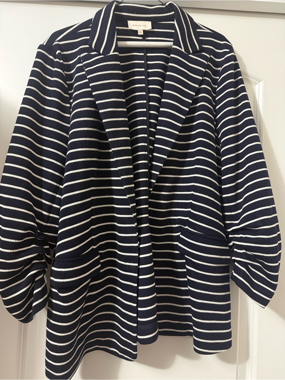 Striped Open-Front Navy and White Knit Blazer by Skies are Blue
